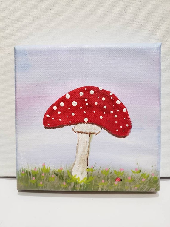 Fly Agaric Red Cap Mushroom-original acrylic painting -5x5 stretched canvas fungi wall art-Fly Agaric Fungi Toadstool