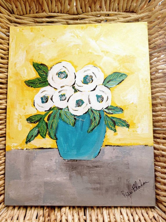 Vase of Flowers Artwork " Wedding White Roses" - Original Acrylic Painting - 8x10 Canvas PANEL - Vase of Flowers Wall art-Yellow and Teal