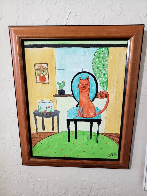 FRAMED Original -"Orange Cat on Chair" Acrylic Painting- Whimsical Cat Artwork -11x14 Wall art -Cat Lover home decor - Cat Gift idea