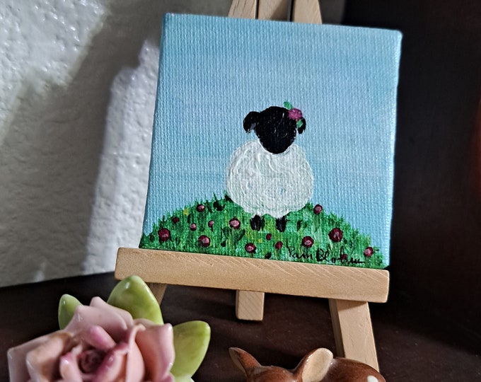 Small Art "Little Lamb" -Original Acrylic Painting-  tiny art 2.5x2.5 canvas panel - small gift idea
