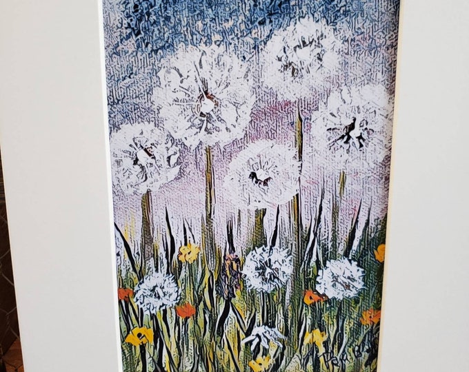 PRINT "Dandelions in the Wildflowers " -White Matted to 8x10- Dandelion artwork- Flower Meadow artist PRINT