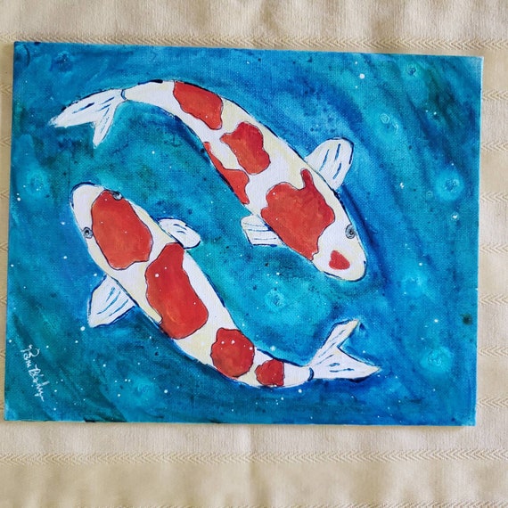 KOI art "Koi Pond"- Original acrylic painting - Garden pond painting - 8x10 Canvas Panel Koi Fish Home decor wall art