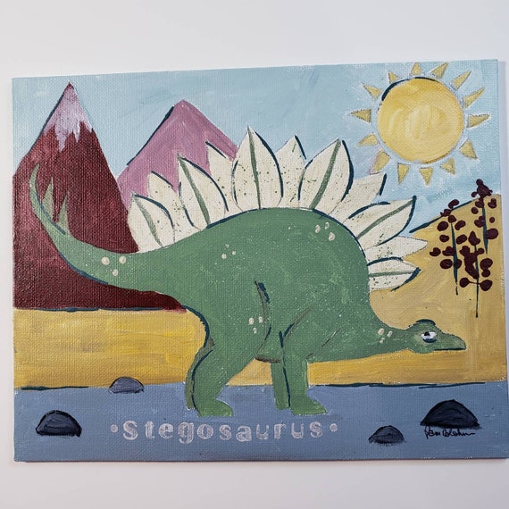 Original acrylic painting-Stegosaurus Dinosaur -8x10 canvas Panel- kids room art- Boho Color pallette