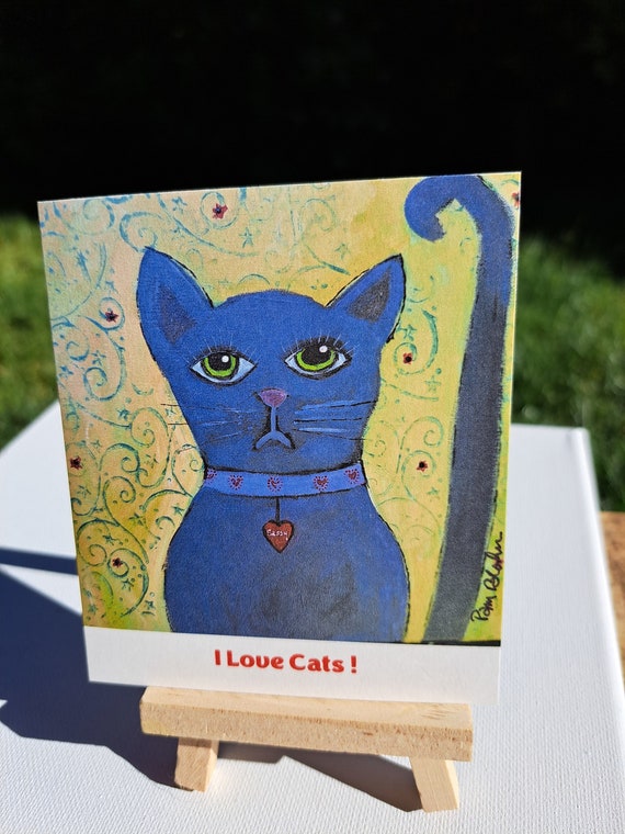 Cat Lover Magnet "I Love Cats ! " Artist Magnet gift idea under 10- 3.5"x 4" small art Purple Cat -Made in the USA