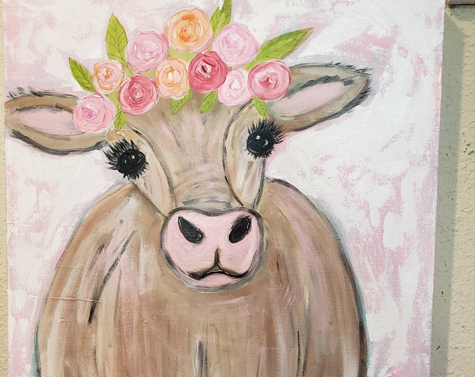 Large Art Cow with flowers in her hair "Miss Molly Moo-Moo" Original Acrylic Painting - Fun Farm Animal Art - 20x20