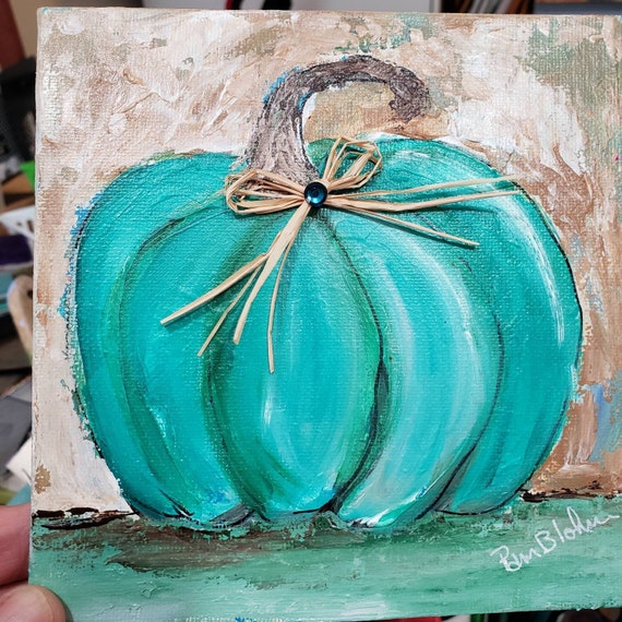 Teal Pumpkin "For the love of Teal" Original Acrylic Painting- 6x6 unframed canvas Panel- Pumpkin Fall Decor - Holiday Home Decorations