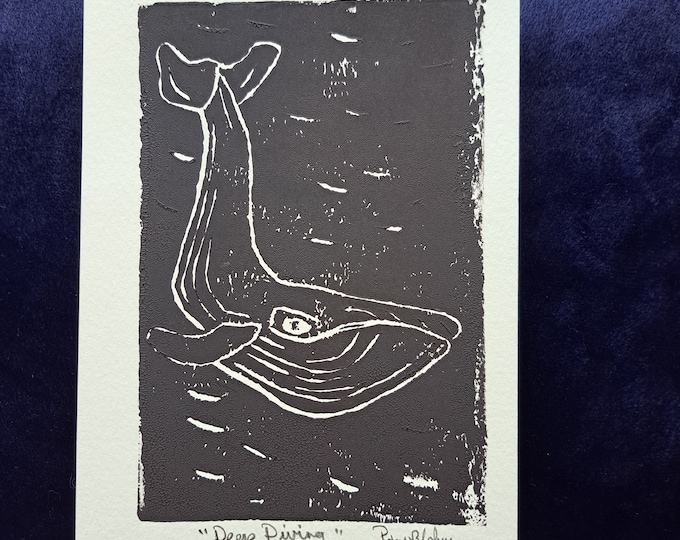 Humpback WHALE  "Deep Diving" - Black inked Linoleum Block Print -Black and White Wall art -5x7" unframed artwork