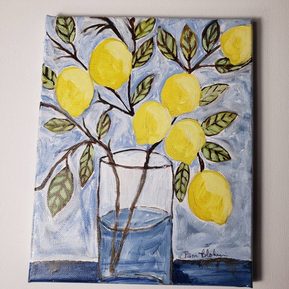 LEMON Branch Kitchen Art "Fresh Picked " - 8x10 Original Acrylic Art- 8x10 Canvas Artwork- Yellow and Blue Kitchen Wall Decor- Yellow Lemons