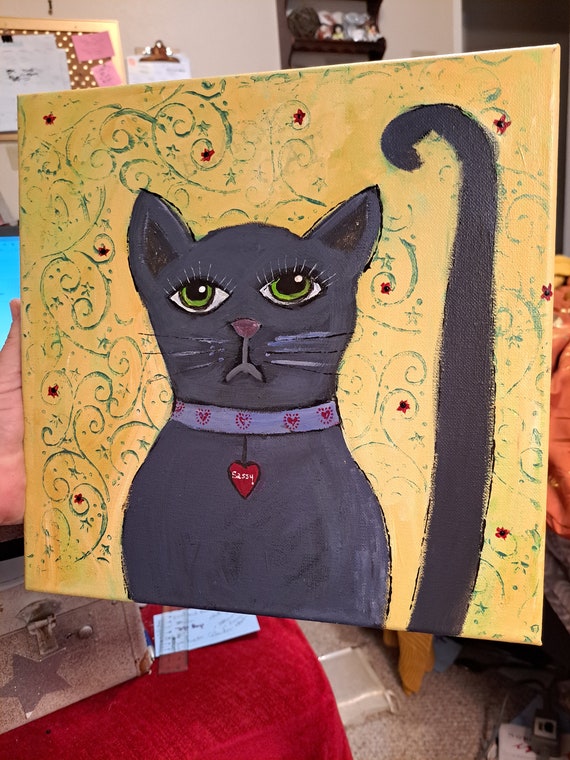 Cat Art Original acrylic painting- "Sassy" Lavender Grey Cat with Green Eyes -12x12 unframed stretched canvas" - Kitty Cat ARTWORK
