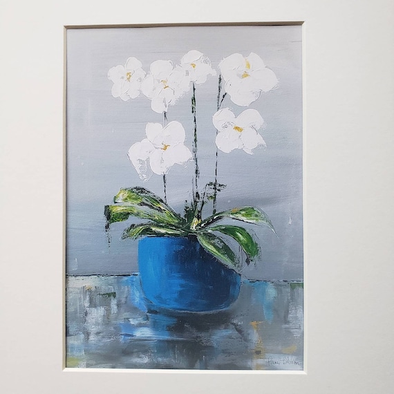 Print "Orchids of White" in Blue Pot - Artist PRINT white matted to 8x10 frame size-Orchid Flower Wall art