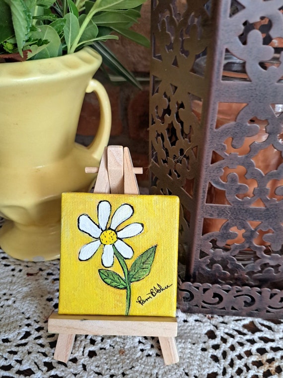 TINY Painting Flower "Daisy" Original Acrylic Painting- 2.5x2.5 " small art canvas panel - small art gift idea