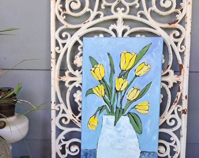 Yellow Tulips Original acrylic painting-10x20 unframed stretched canvas- White Vase of Spring Tulips wall art- yellow and Blue home deco
