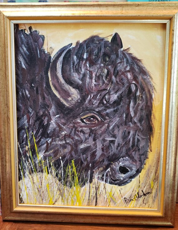 Original "Wild Buffalo" Acrylic Painting-unframed canvas Panel - Brown Buffalo Painting -8x10 Bison Man Cave Wall art-Buffalo Spirit animal
