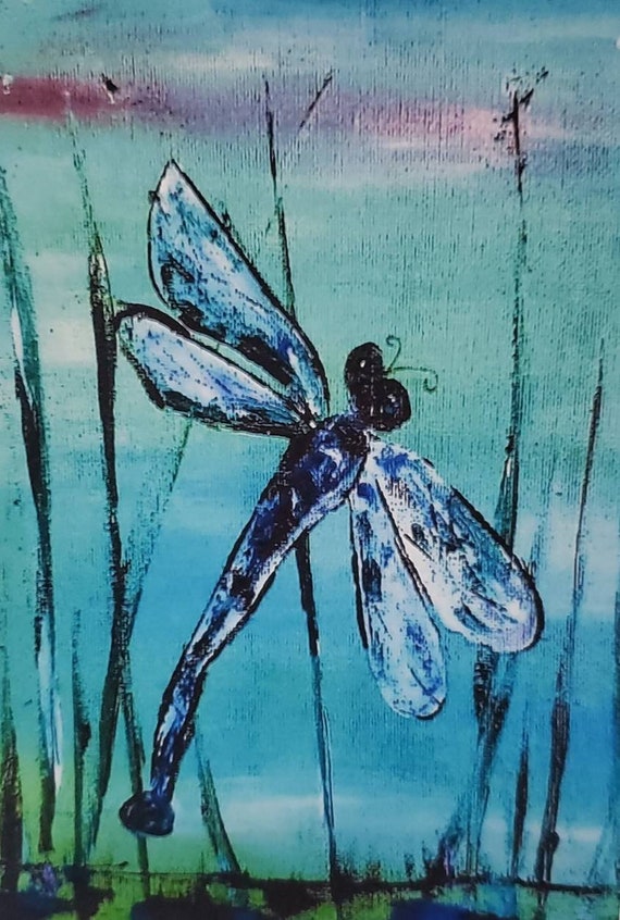 Dragonfly Fridge MAGNET "Blue Dragonfly " Nature Lover art- Small art gift idea under 10- -3.25x 4.75 inches- Dragonfly Spirit animal