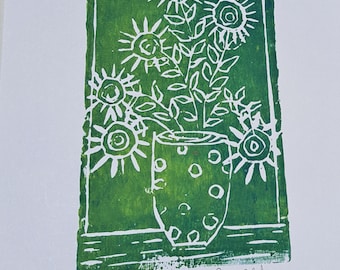 LINOLEUM Block Print  "Gorgeous Green" -Vase of Sunflowers- unframed 7.25x9.5" Green Wall art