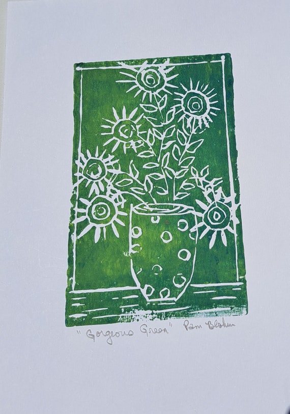 LINOLEUM Block Print Original "Gorgeous Green" Vase of Flowers- unframed 7.25x9.5" outside dimensions
