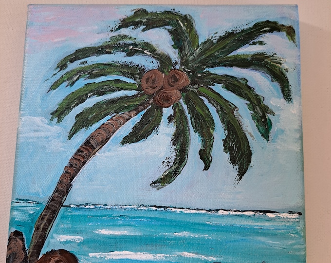 Original "Palm Tree on the Beach" Acrylic Painting- 6x6 Stretched Canvas  Unframed Small art- Tropical Island art -