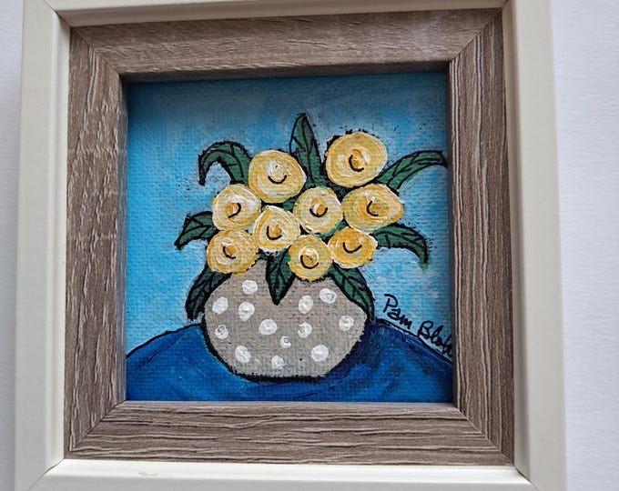 FRAMED Polka Dot Vase of Yellow Flowers-3x3 Original Acrylic Painting - framed small art