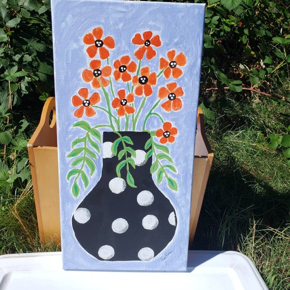 Original acrylic painting "Wild Flowers" -Orange Flowers in Polka Dot vase-10×20 stretched canvas- Long Vertical Artwork