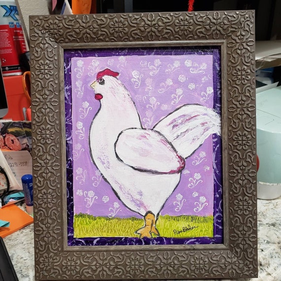 Chicken Art " Henny" Original acrylic painting- Ira Yeager Tribute Series - 8x10 Unframed Canvas Panel -Purple and Lavender Boho Vibe