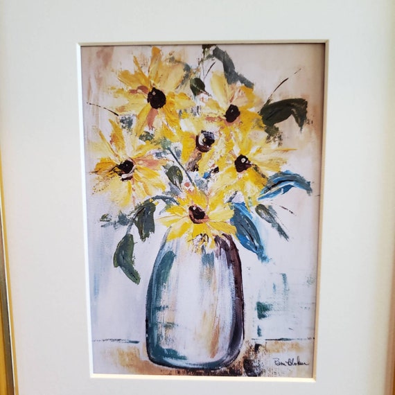 Sunflowers PRINT "Wild Sunflowers " - Vase of Flowers Wall art- Sunflower Artist Print - unframed white mat is 8x10 feame size.