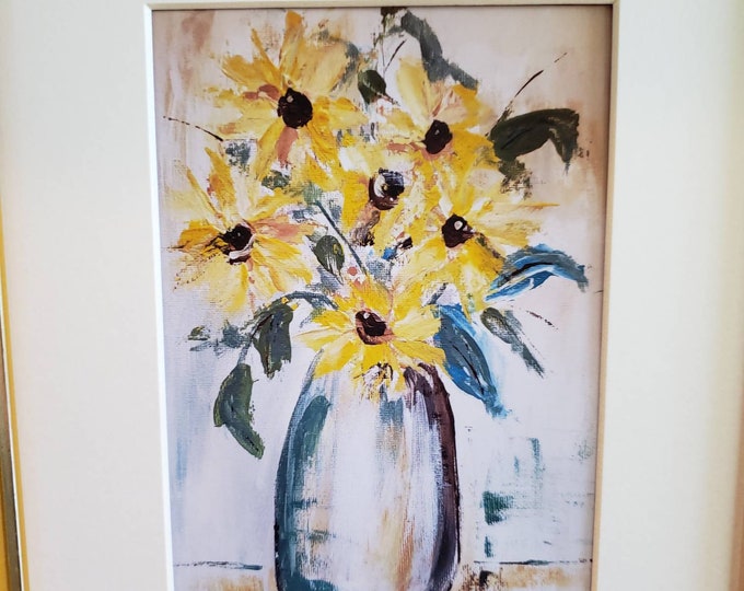 Vase of Sunflowers PRINT "Wild Sunflowers " - Vase of Flowers Wall art- Sunflower Artist Print - unframed white mat is 8x10 feame size.