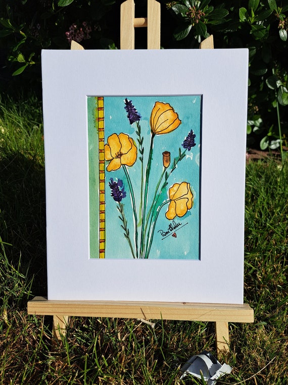 Watercolor and Ink "Poppies & Lavender" Original Watercolor Painting - California Poppies Flowers art white matted to 8x10 frame size
