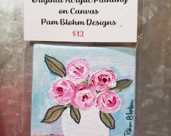 Small art "Vase of Pink Flowers" - Original Acrylic Painting - 2.5x2.5" Fridge Magnet canvas panel-small gift idea under 15- Miniature art