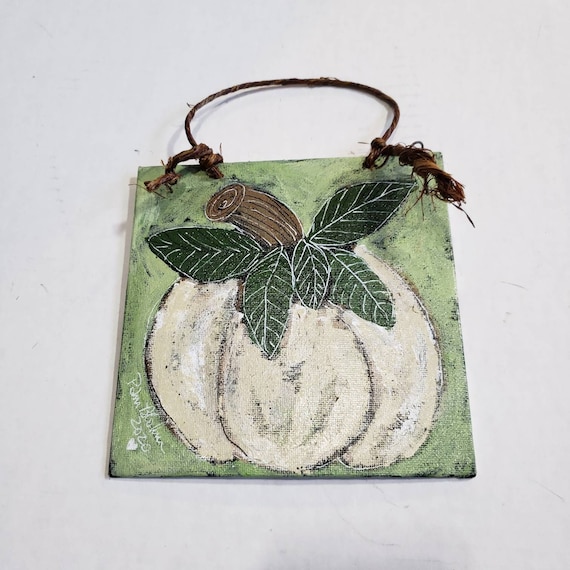 White Pumpkin Home Decor- original acrylic painting- "Leaves of Green" 5.75x5.75 canvas Panel - Fall holiday decor