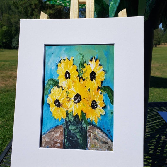 Print "Garden Sunflower Bouquet" -8x10 white mat print - Impressionist Sunflower wall art-Yellow Sunflower Art