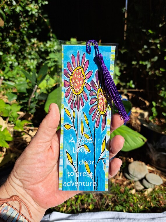 Bookmark Whimsical Purple Flowers- Inspiration " A good book is a door to great adventure "- 2.5x7 inch with tassel- Gift Idea