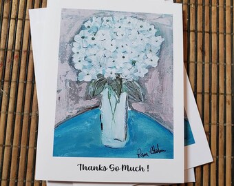 Hydrangeas "Thanks So Much" Notecard  - includes Self Adhesive Envelopes and Shipping- Flower Notecard printed in USA-Blank inside