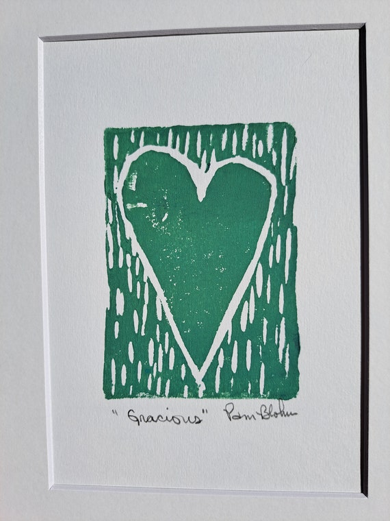 Matted Green Heart Art -Linoleum Block Print "Gracious" Green ink Original Block Print-White Matted to 8x10