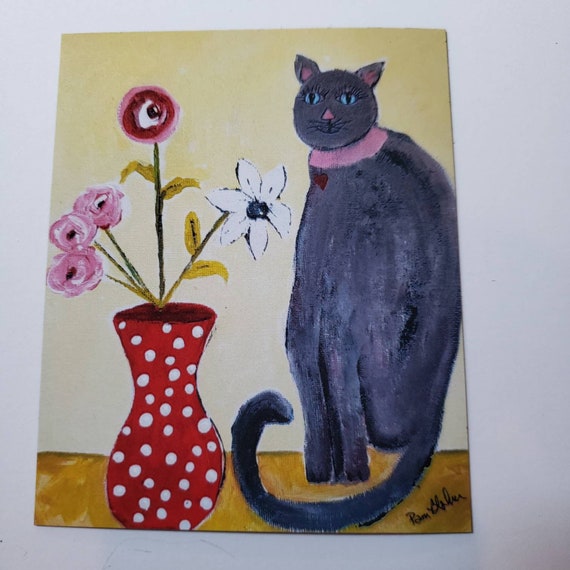 Fridge Magnet "Cat with vase of flowers " Artist Magnet 3.5x4.5-Whimsical Cat art-Small gift under 10
