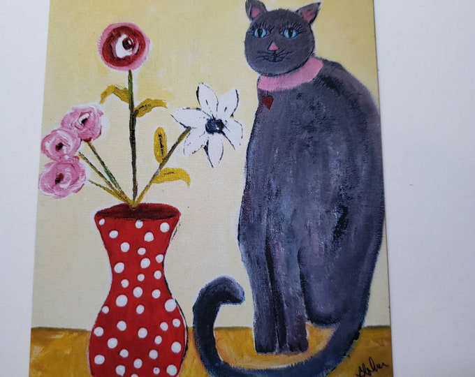 Fridge Magnet "Cat with vase of flowers " Artist Magnet 3.5x4.5-Whimsical Cat art-Small gift under 10