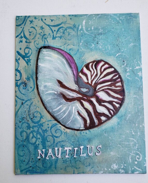 Nautilus Sea Shell original acrylic painting- 8x10 canvas panel - wall art- Ocean art home decor- Bathroom art - Unframed
