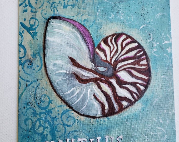 Nautilus Sea Shell original acrylic painting- 8x10 canvas panel - wall art- Ocean art home decor- Bathroom art - Unframed