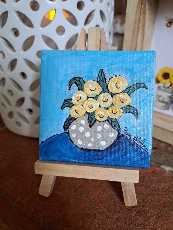 Small art Polka Dot Vase of Flowers Original Acrylic Painting -3x3 Yellow Flowers artwork includes display easel- Canvas Panel