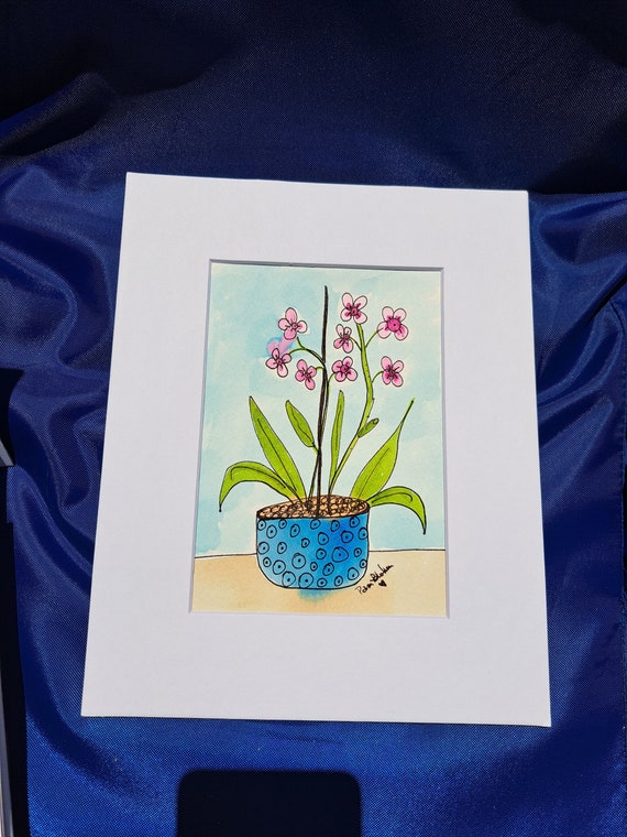 ORIGINAL "Pink Potted Orchids" Watercolor and ink White Matted to 8x10 -House plants wall art