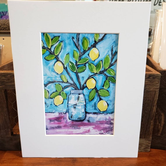 Yellow Lemons Artist PRINT "Tropical Flair" - Lemon Branch artist Print- 8x10 ready to frame lemon art- kitchen wall art