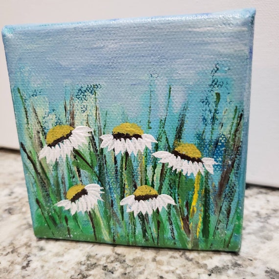 Small art Original "Meadow Daisies" Acrylic Painting - 4x4x1.5" shelf art- 5 White Daisies Flower Wall art