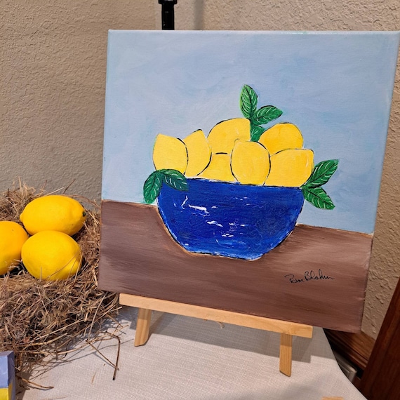 Lemons Wall in Blue Bowl-12×12 original acrylic painting -Yellow and Blue home Decor