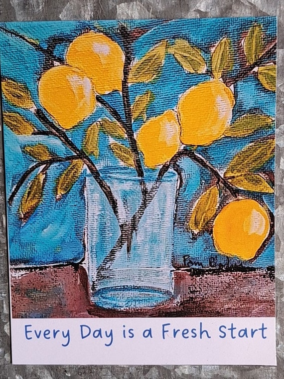 Lemons ART Fridge MAGNET " Each Day is a Fresh Start" kitchen decor-gift idea under 5 -office small art- made in USA - 3x3.75"