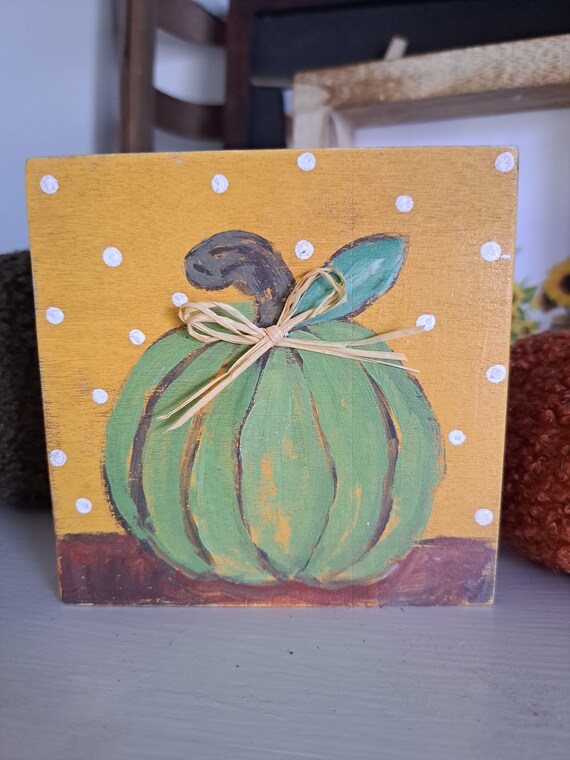 Small art Pumpkin Original Acrylic painting -4x4x.75 Wood canvas Fall Accents - Shelf art for home or office
