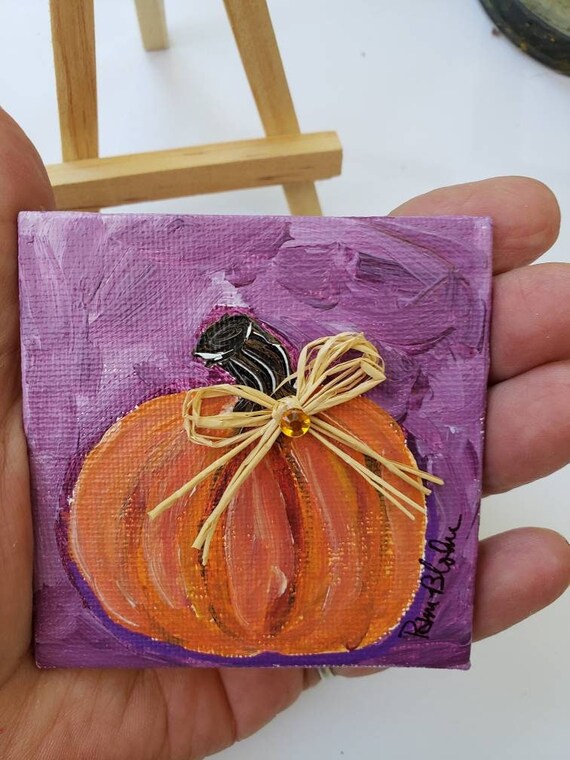 Tiny Art Fall Orange Pumpkin- 3x3" small art canvas panel with display easel- Holiday Home Decor