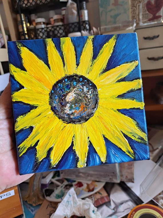 Original "Sunflower in Blue"  Acrylic Painting-6x6 deep wrapped  canvas -Stand alone SghPainting