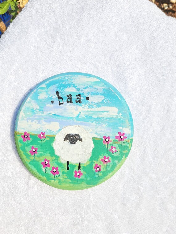 Sheep in Pink Flowers Meadow-5.25 " Original acrylic painting-Farm Theme Nursery Wall art - Round Pinewood canvas