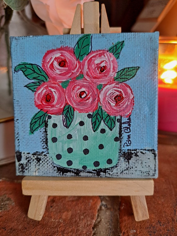Tiny art Polka Dot Vase of Peach Flowers Original Acrylic Painting -3x3 Flowers artwork includes display easel