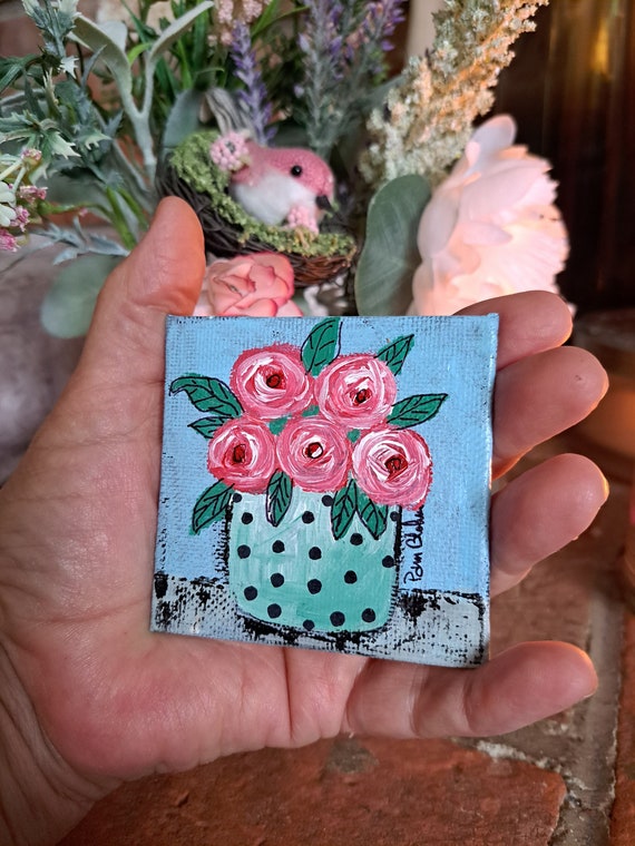 Tiny art Polka Dot Vase of Peach Flowers Original Acrylic Painting -3x3 Flowers artwork includes display easel