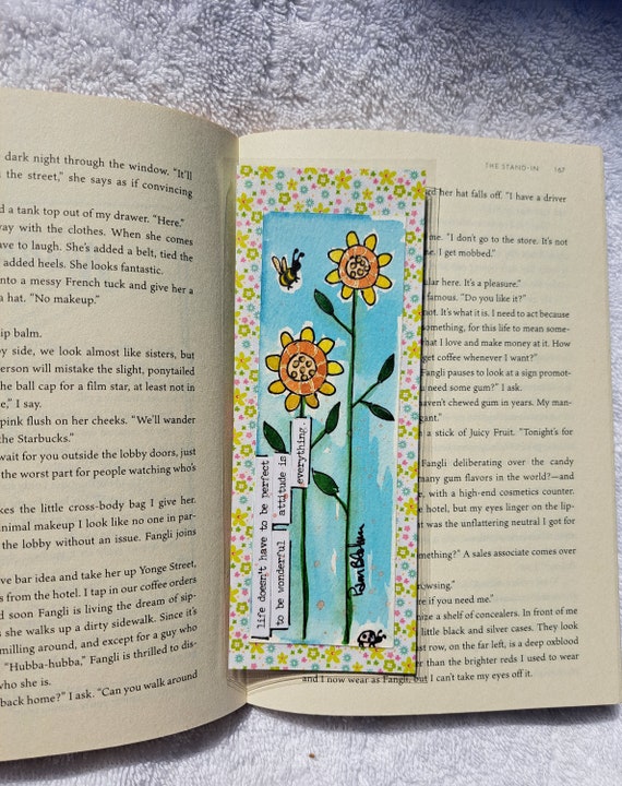 Bookmarker-Original Watercolor and ink painting- laminated with designer paper -One of a kind - 2.5x7"